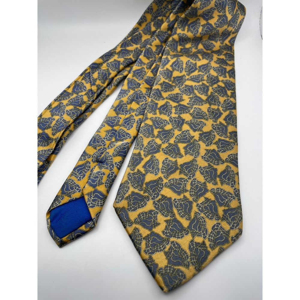 Sulka Mens Silk Tie Gold Blue Seashell Pattern Made in France Luxury Necktie